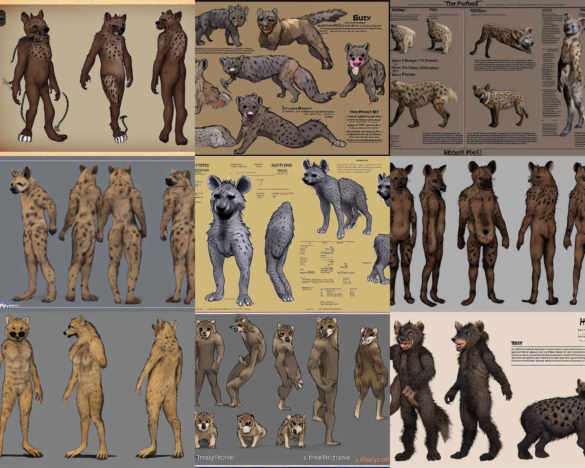 Prompt: three - perspective furry reference sheet ( front / back / side ), hyena fursona, high - resolution, trending on weasyl