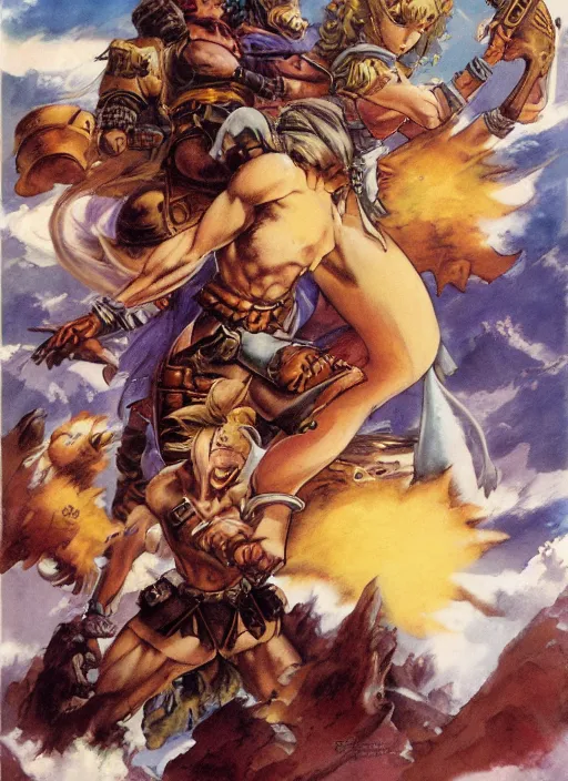 Prompt: chrono trigger as reimagined by frank frazetta and boris vallejo