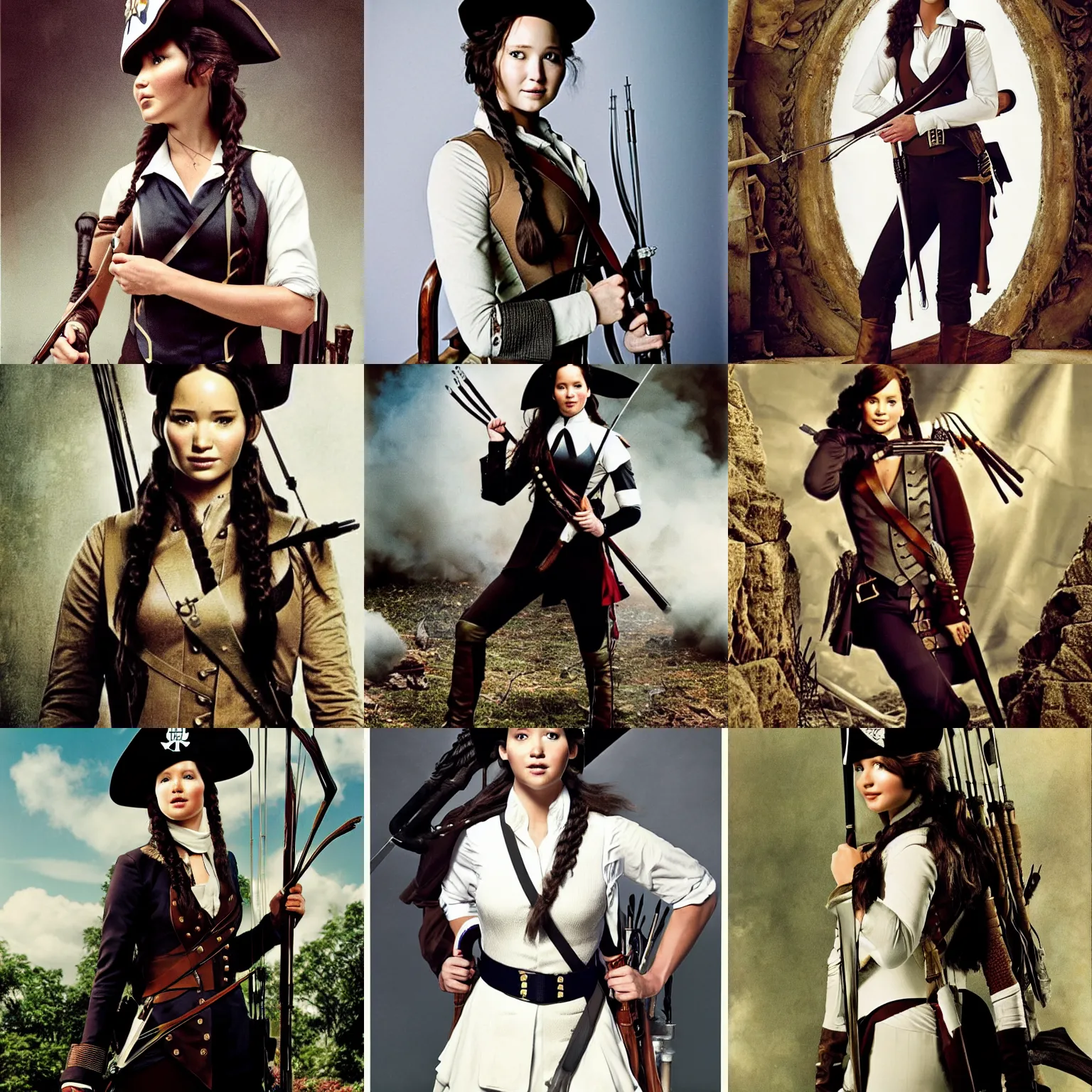 Prompt: katniss everdeen as admiral norrington, wearing waistcoat, breeches, stockings and a tricorn hat, from pirates of the caribbean, photo portrait by annie leibovitz