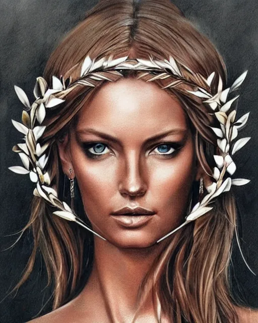 Image similar to realism tattoo sketch of jennifer hawkins as a beautiful greek goddess aphrodite with piercing eyes wearing a laurel wreath and triangle earrings, in the style of greg rutkowski, amazing detail