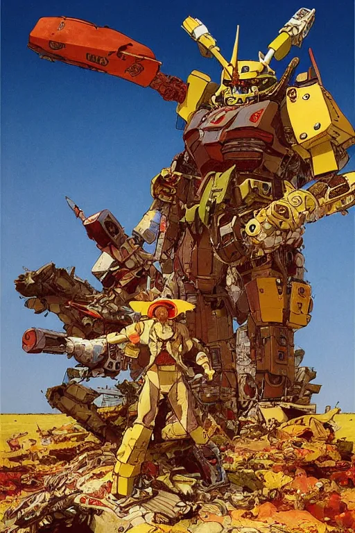 Prompt: full page illustration, a proud hunter wearing a pith hat sitting in front of the big gundam destroyed, by jean giraud, Katsuhiro Otomo, Geof Darrow, Phil hale, Ashley wood, Ilya repin, frank frazetta8k, hd, high resolution