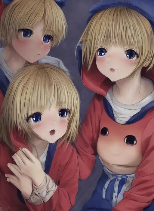 Image similar to highly detailed portrait of one blonde haired blue eyed and one brown haired brown eyed anime girl in animal themed onesies pressed against each other looking at us, happy, excited, digital art, cute, anime, detailed faces, well drawn faces, cute faces, hand drawn, 8 k, trending on artstation, detailed eyes, official media, by hayao miyazaki
