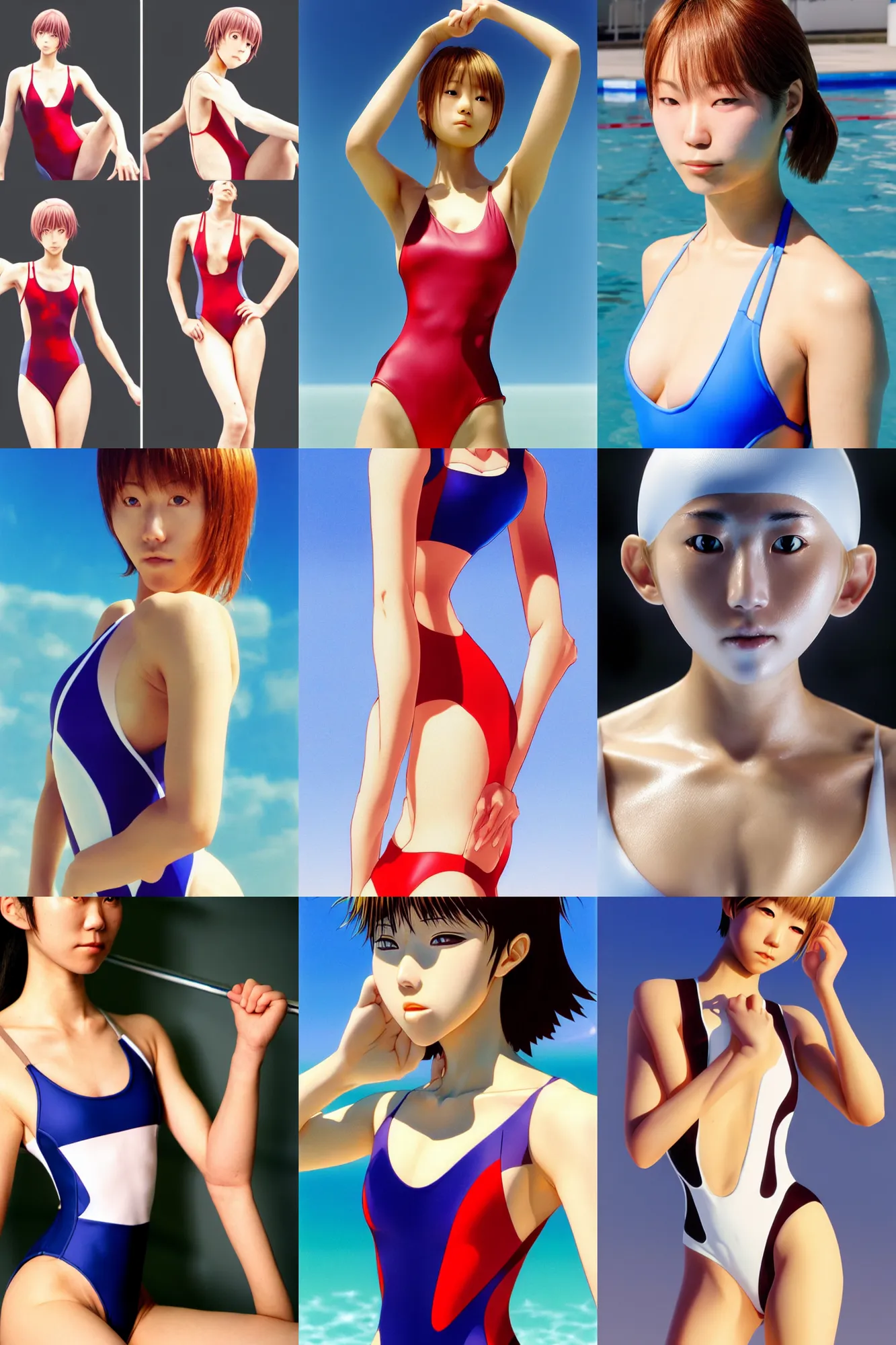 Prompt: close - up, accurately shaped face, volumetric light, posing in one - piece competitive sport swimsuit. by takashi takeuchi, yoshiyuki sadamoto, amagaitaro, makoto shinkai, krenz cushart, asao urata, pixiv. 9 0 s
