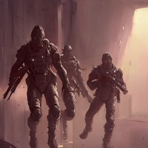 Image similar to concept art by greg rutkowski, soldiers in futuristic tactical gear, running around the outside of a space colony, futuristic, brutalistic environment, scifi, detailed and intricate environment, reddish lighting, stressful atmosphere, high technology, highly detailed portrait, digital painting, artstation, concept art, smooth, sharp foccus ilustration, artstation hq.