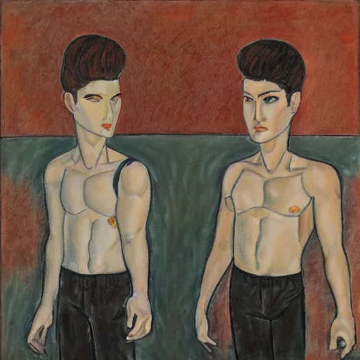 Image similar to double dragon in the style of Modigliani