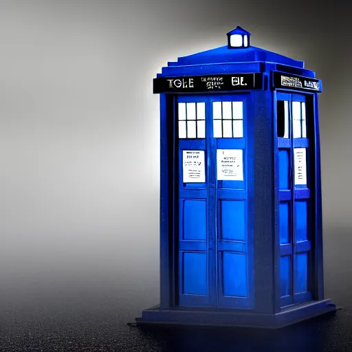 Image similar to A hyperdetailed photograph of the TARDIS sat on a futuristic street corner, night, dense fog, rain, HD, 8K resolution