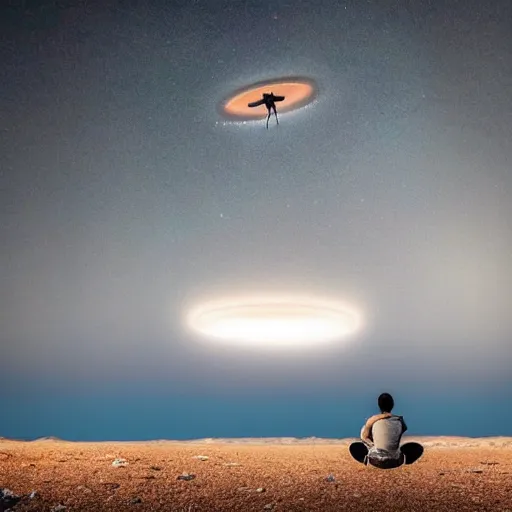 Image similar to beautiful artistic shot of a silhouette of a person watching a ufo in a large desolate natural scene. entries in the 2 0 2 0 sony world photography awards.