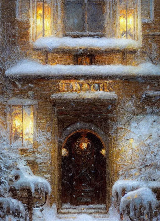 Image similar to new york apartment building in winter, wreath on door, snow, artwork by gaston bussiere, craig mullins, trending on artstation
