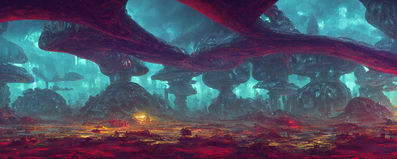 Image similar to ” alien landscape with slimy shiny surfaces, [ cinematic, detailed, epic, widescreen, opening, establishing, mattepainting, photorealistic, 4 k, octane render, art by paul lehr ] ”
