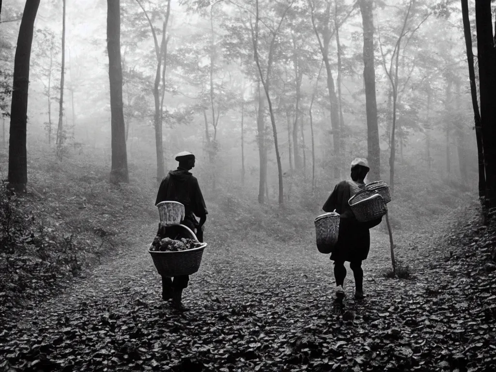 Prompt: Black and white 35mm film photograph of an impoverished young mushroom forager carrying a basket of mushrooms in a forest blanketed with fog. Deep shadows and highlights and sunflair. Wide shot. bokehlicious. historical archive photo. Pennsylvania, 1924.