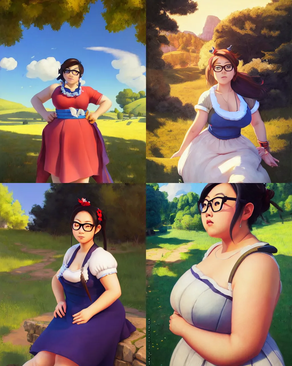 Prompt: portrait, mei from overwatch wearing a beautiful summer dress in the countryside, by artemisia gentileschi and anato finnstark, chubby and plump, beautiful scene, hyper - realistic, intricate, summer day, sunlight, cheerful, soft lighting, detailed, glasses