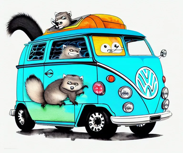 Image similar to cute and funny, binturong driving a tiny hot rod vw camper van with an oversized engine, ratfink style by ed roth, centered award winning watercolor pen illustration, isometric illustration by chihiro iwasaki, edited by craola, tiny details by artgerm and watercolor girl, symmetrically isometrically centered