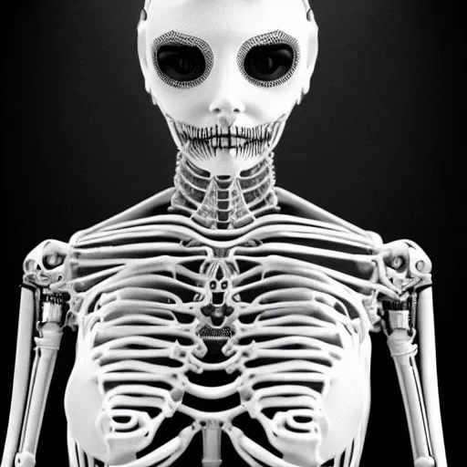 Image similar to black and white dreamy foggy smoky profile face portrait, single skeletal biomechanical beautiful young female cyclops - cyborg - robot bust, body ribs meshes,, volumetric light, rim light, by dora maar and cecile beaton, big gothic fashion pearl embroidered collar, 8 k
