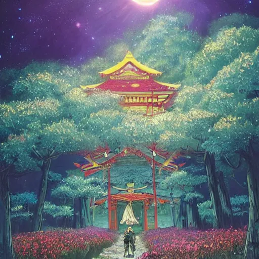 Prompt: a beautiful painting of a large gundam shrine shrouded by mystic nebula magic in a field of flowers by moebius and android jones