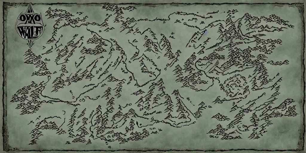 Prompt: face of a wolf in the style of a Map-style Skyrim, Lord of the rings map, zelda breath of the wild map, video game style, drawing on parchment