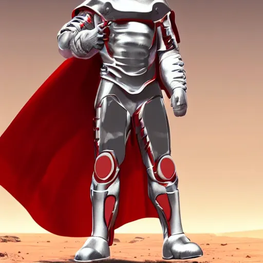 Image similar to tall muscular infantry man in glossy sleek white armor with a few red details and a long red cape, heroic posture, on the surface of mars, night time, dramatic lighting, cinematic, sci-fi, hyperrealistic, movie still