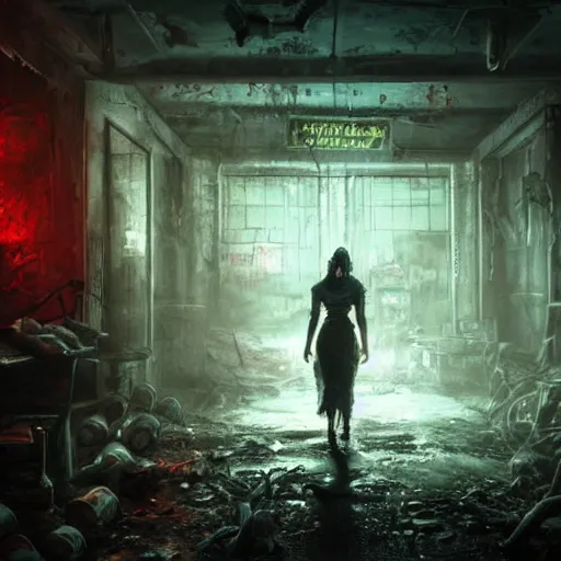 Image similar to fallout 5, shopkeeper angry bloody horror zombie, portrait, indoors dilapidated store interior, atmospheric lighting, painted, intricate, volumetric lighting, beautiful, daytime, overcast weather, sharp focus, deep colours, ultra detailed, by leesha hannigan, ross tran, thierry doizon, kai carpenter, ignacio fernandez rios