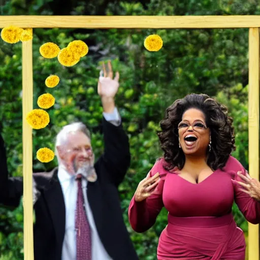 Image similar to Oprah Winfrey releasing bees to her audience laughing maniacally