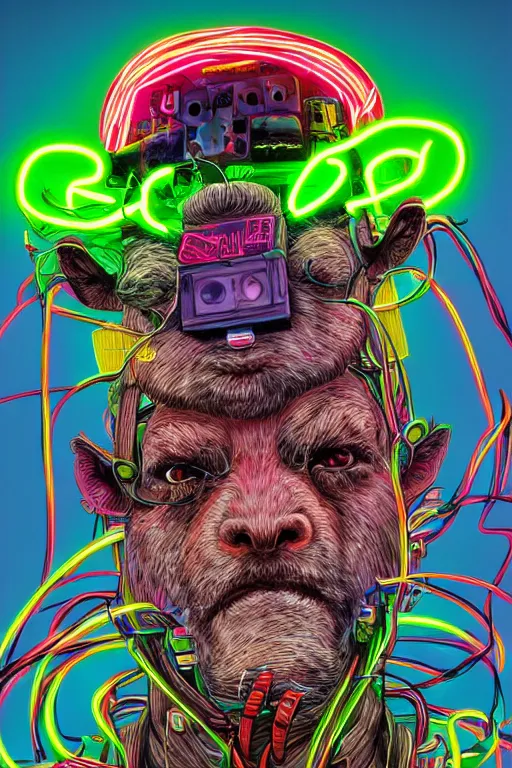 Image similar to stunning highly detailed portrait of an ugly old billy goat with cyber headgear surrounded by wires, neon colors, oil on canvas, strong lighting, by Josan Gonzalez, HD, 4K