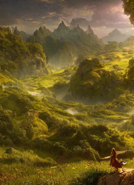 Image similar to the silhouette of a flying fairy in the distance of a lord of the rings scenery landscape, a vast lush valley flowers and wooden structures, stream, sunrise, god's rays highly detailed, vivid color, cinematic lighting, perfect composition, 8 k, gustave dore, derek zabrocki, greg rutkowski, belsinski, octane render