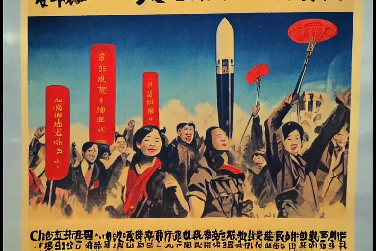 Image similar to vintage poster chinese cultural revolution propaganda, realistic, grain, rockets, astronauts