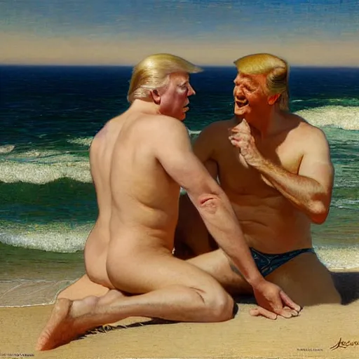 Prompt: joe biden and donald trump enjoying their time together at the beach. highly detailed painting by gaston bussiere, craig mullins, j. c. leyendecker, alphonse mucha 8 k