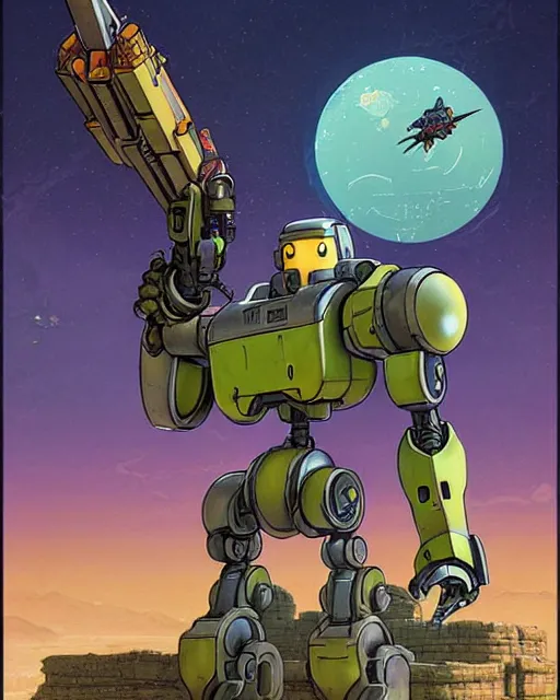 Image similar to bastion the friendly robot from overwatch, with his pet bird, character portrait, portrait, close up, concept art, intricate details, highly detailed, vintage sci - fi poster, retro future, in the style of chris foss, rodger dean, moebius, michael whelan, katsuhiro otomo, and gustave dore