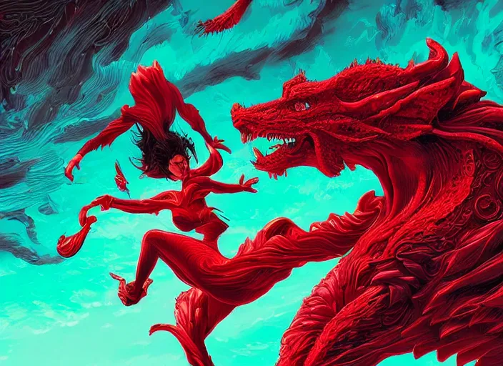 Prompt: woman loves sit upon a scarlet coloured beast, pain, light effect, hyper detailed, intricate, elegant, highly detailed, digital painting, artstation, concept art, matte, sharp focus, illustration, by dan mumford, yusuke murata, makoto shinkai, ross tran