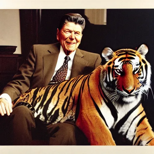 Image similar to [ ronald reagan sitting in chair with a tiger lying at his feet ]