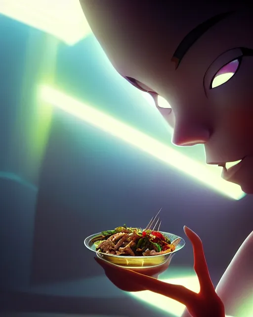 Image similar to movie still macro close photo of anonymous holding stirfry to face, by weta disney pixar greg rutkowski wlop ilya kuvshinov rossdraws artgerm octane render iridescent, bright morning, liosh, mucha