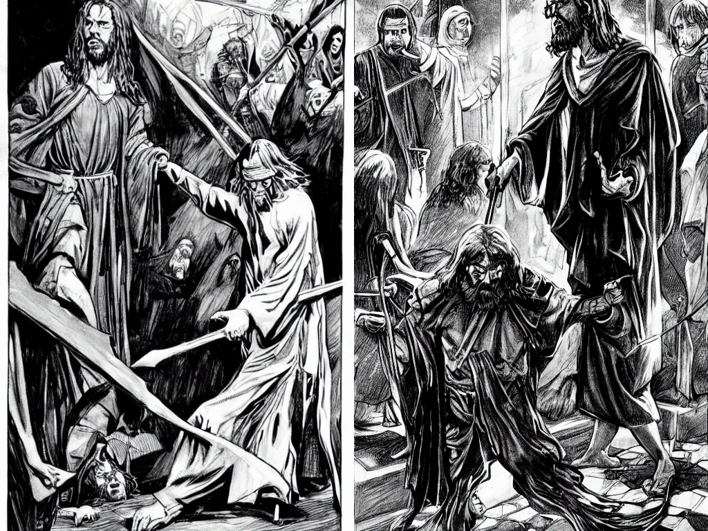 Prompt: Jesus duels Harry Potter at the mall, drawn by bernie wrightson