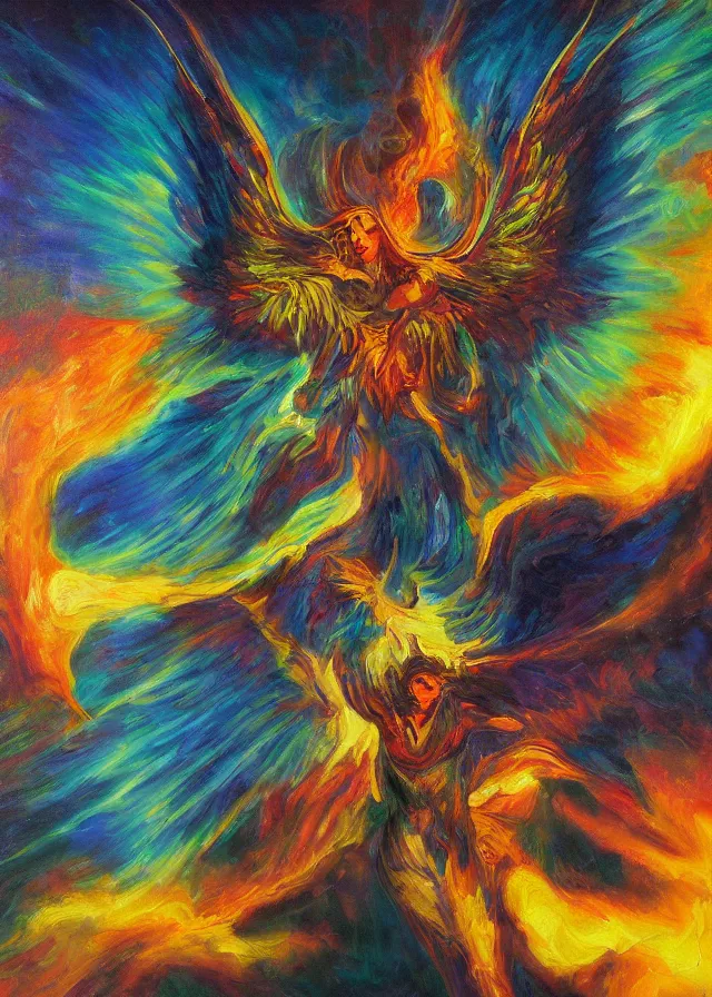 Image similar to Lucifer of the solar mythos mercurial surreal fallen celestial, award winning oil painting, chromatic aberration polychromatic color palette radiant colors
