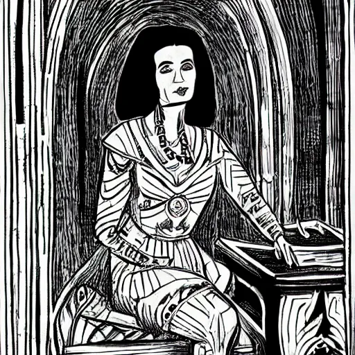Prompt: in the tomb of empress sissi, vienna, austria, beautiful woman, zombie, pen and ink, line art