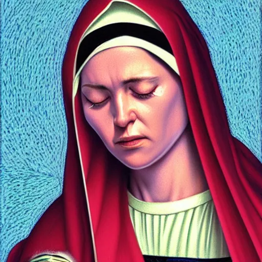 Prompt: portrait of crying gorgeous young mother mary our lady of sorrows by greg hildebrandt beautiful high detail pastel colors