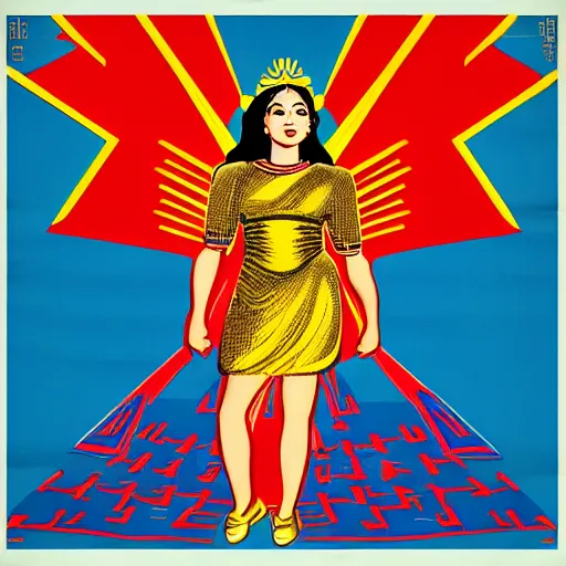 Prompt: portrait of a Chibcha gold goddess in the style of a North Korean propaganda poster and Soviet propaganda poster and American propaganda poster