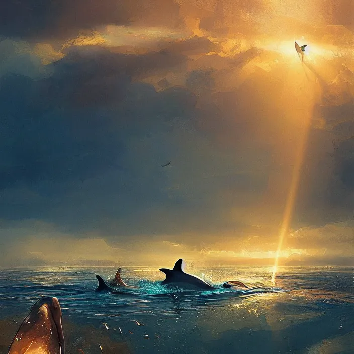 Prompt: dolphin swimming, golden hour, god rays, by ismail inceoglu, masterpiece, beautiful, intricate, elegant, highly detailed