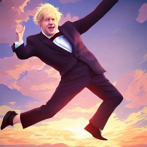 Image similar to Boris Johnson wearing suit and necktie dancing on water, detailed facial features, evokes feelings of joy, beautiful flowing fabric, sunset, dramatic angle, realistic and detailed, by studio trigger, pixiv dslr photo by Makoto Shinkai rossdraws and Wojtek Fus