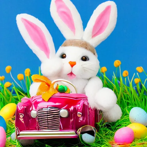 Image similar to easter bunny riding a convertible, studio photo, high quality