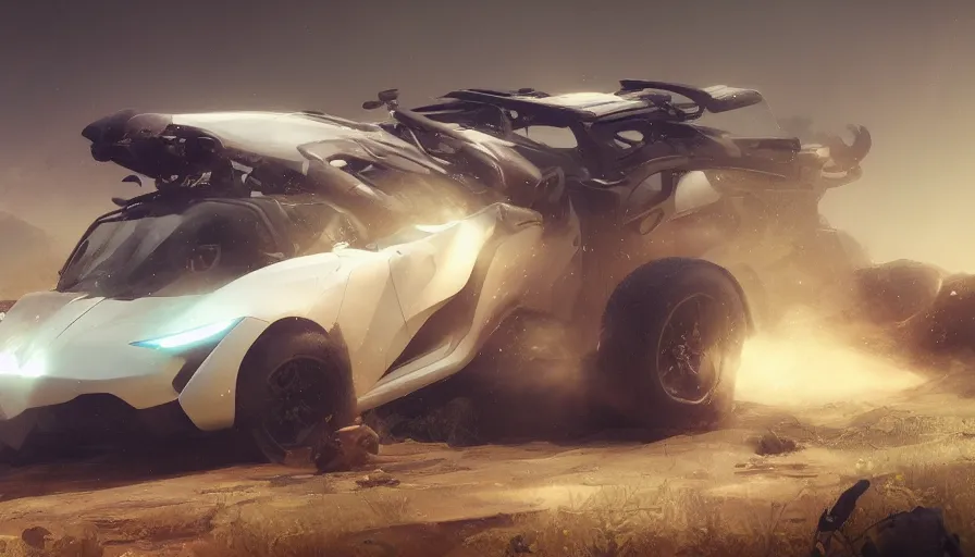 Image similar to a beautiful supercar converted into offroad suv by cory loftis, fenghua zhong, ryohei hase, ismail inceoglu and ruan jia. volumetric light, detailed, octane render, midsommar