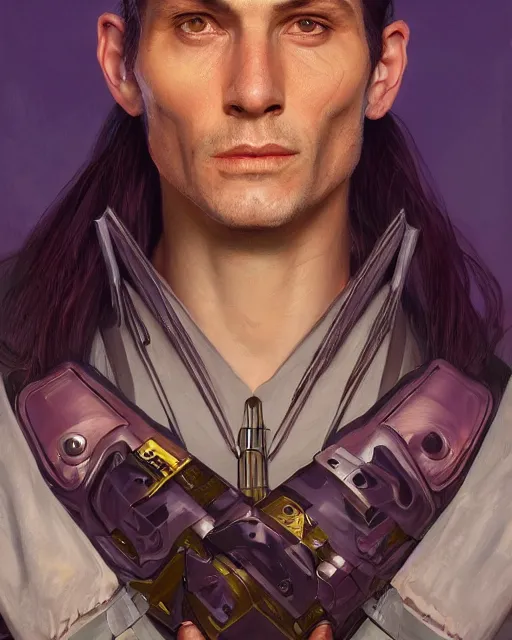 Prompt: '' Face portrait of a handsome reptilian fighter, purple eyes, long hair with a ponytail , sci-fy, cyberpunk, high detail, 4k , digital painting, artstation, concept art, sharp focus, illustration, art by greg rutkowski and alphonse mucha ''