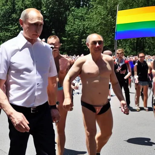 Image similar to vladimir putin attending gay pride wearing a thong