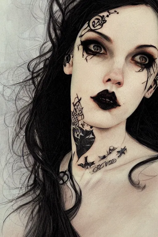 Prompt: \'realistic close-up painting of a gothic girl, face tattoo, by Abigail Larson, Anton Fadeev\'
