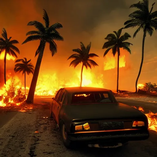 Image similar to far cry car leaking black tar chaotic intensive apocalyptic adrenaline anger oil black tar landscape wasteland miami desert on fire landscape natural disasters sunset palm trees landscape on fire unreal engine fallout style james gurney, henry moore style