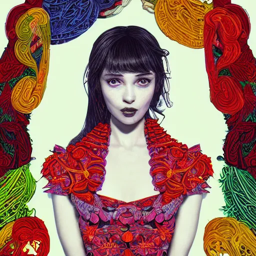 Image similar to the portrait of a beautiful and elegant young woman made up of peppers, an ultrafine detailed illustration by james jean, intricate linework, bright colors, final fantasy, behance contest winner, vanitas, angular, altermodern, unreal engine 5 highly rendered, global illumination, radiant light, detailed and intricate environment