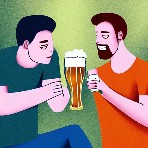 Image similar to two beautiful chad men drinking beers ((hearts)), friendship, love, sadness, dark ambiance, concept by Godfrey Blow, featured on deviantart, drawing, sots art, lyco art, artwork, photoillustration, poster art