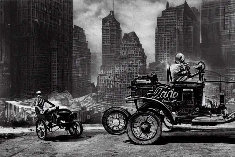 Image similar to cyberpunk 1 9 0 8 model ford t by paul lehr, metropolis, parked by view over city, vintage film photo, robotic, silent movie, black and white photo