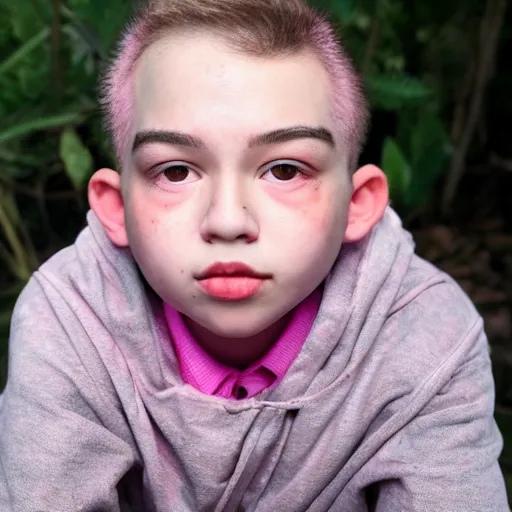 Image similar to small boy with pink skin, thick lips, very pink face, thin eyebrows, short light brown hair, puffy face, small ears, high on edibles