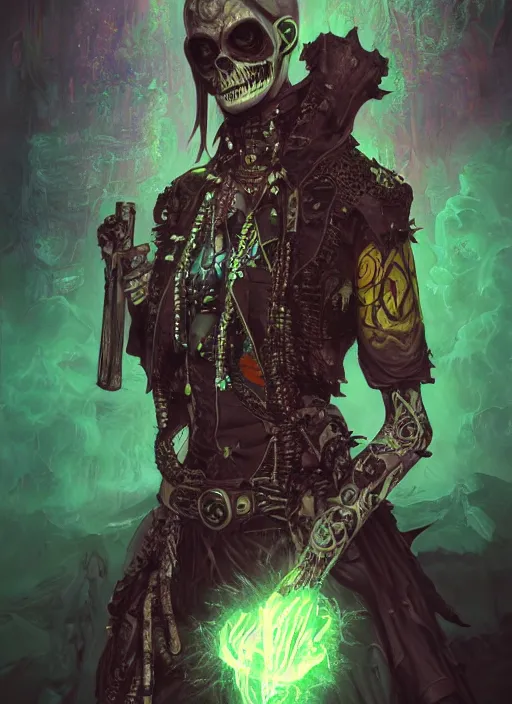 Prompt: punk grim reaper, hyper detailed, bioluminescent, background fortress, digital art, trending in artstation, cinematic lighting, studio quality, smooth render, unreal engine 5 rendered, octane rendered, art style by klimt and nixeu and ian sprigger and cushart and archan nair, jack kirby and simon bisley