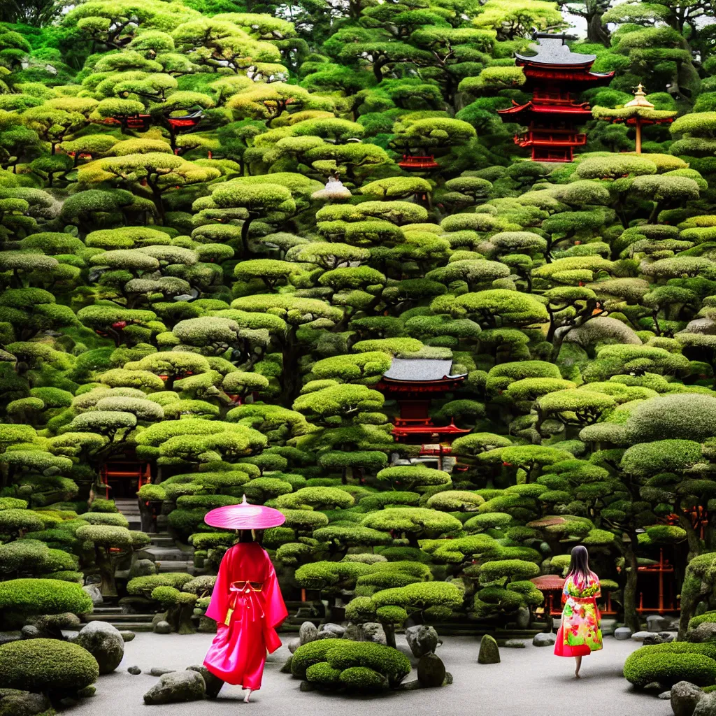 Prompt: A wide photo of a magical lush Japanese temple garden, tiny glowing temples, hazy, with mystical hidden temple doors, dreamy feeling, glowing colorful lanterns, 1 girl wearing a Gucci dress and umbrella exploring, mystical feeling, designed by Gucci, Wes Anderson, and Petra Collins, 8k