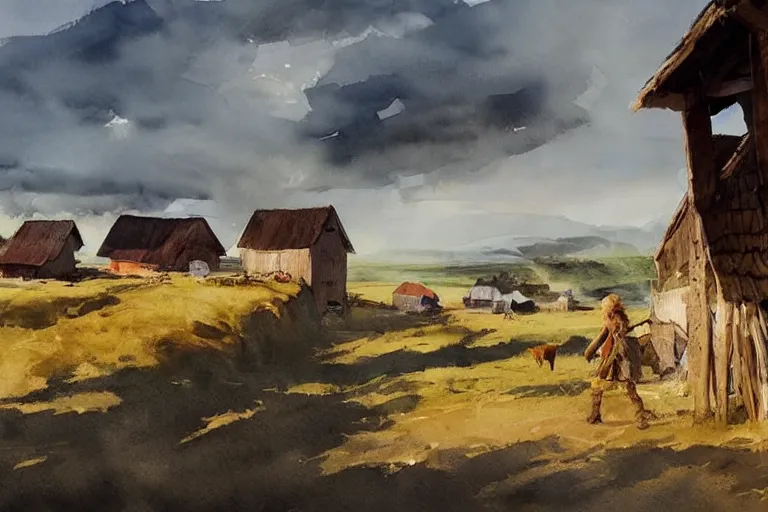 Prompt: paint brush strokes, abstract watercolor painting of rustic village at midday, straw roof, hay, viking town, ambient lighting, art by hans dahl, by jesper ejsing, art by anders zorn, wonderful masterpiece by greg rutkowski, cinematic light, american romanticism by greg manchess, creation by tyler edlin